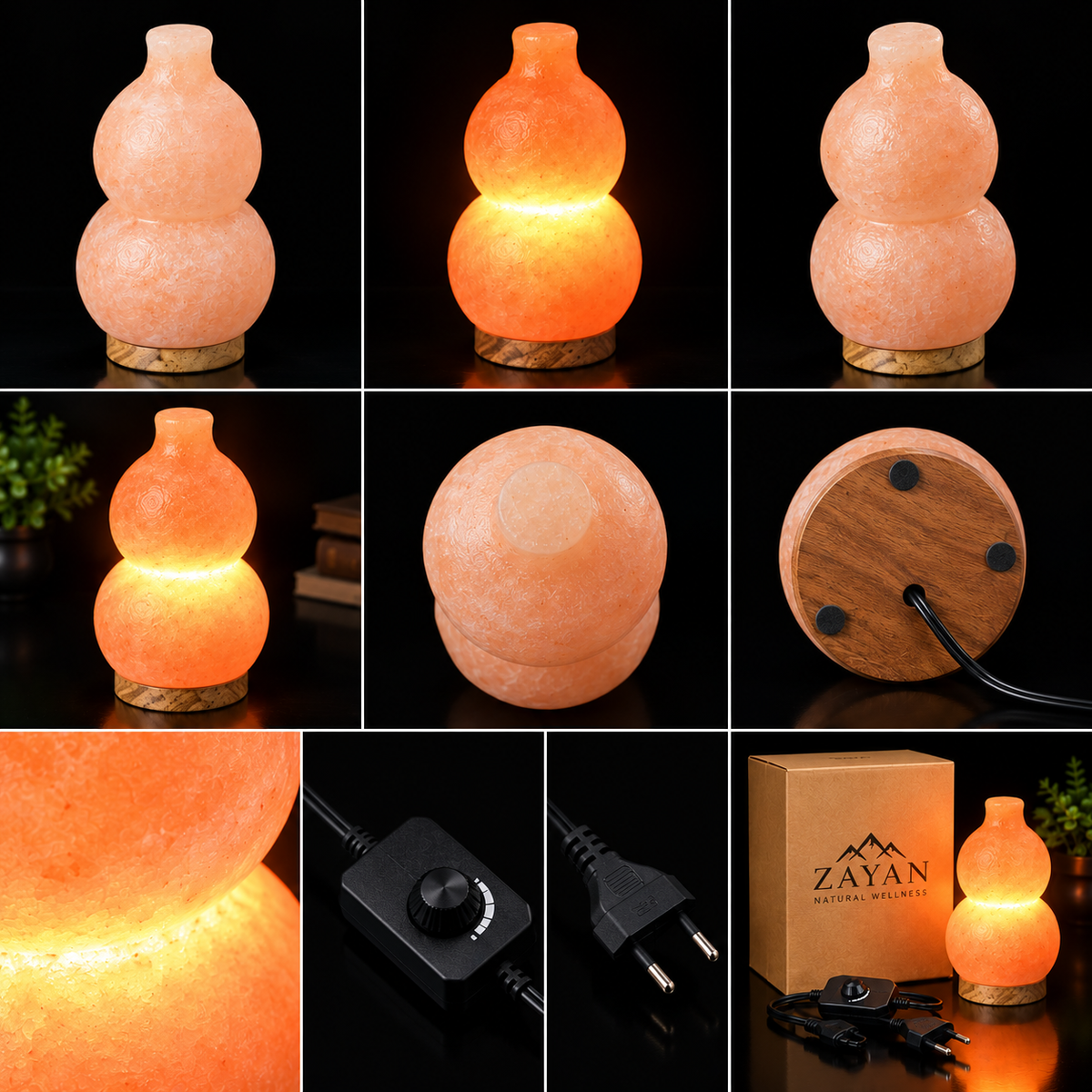 Himalayan Pink Salt Lamp - Double Gourd Shape on Wooden Base, 3kg