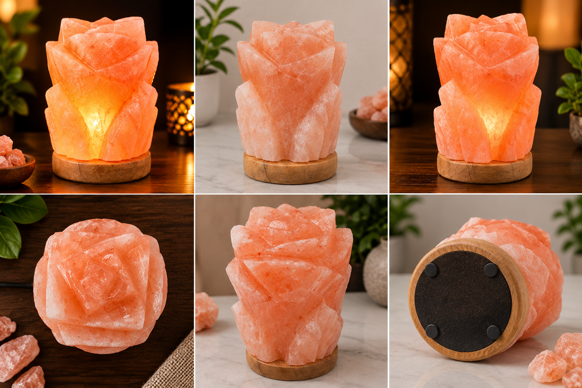Himalayan Pink Salt Rose-Shaped Lamp on Wooden Base, 2.5kg