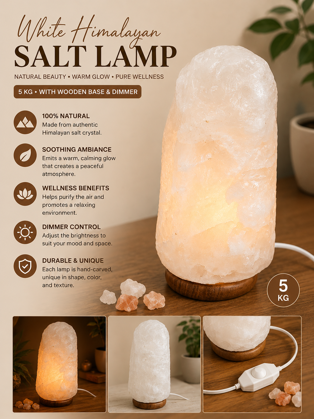 White Himalayan Salt Crystal Lamp with Wooden Base & Dimmer (5 kg)