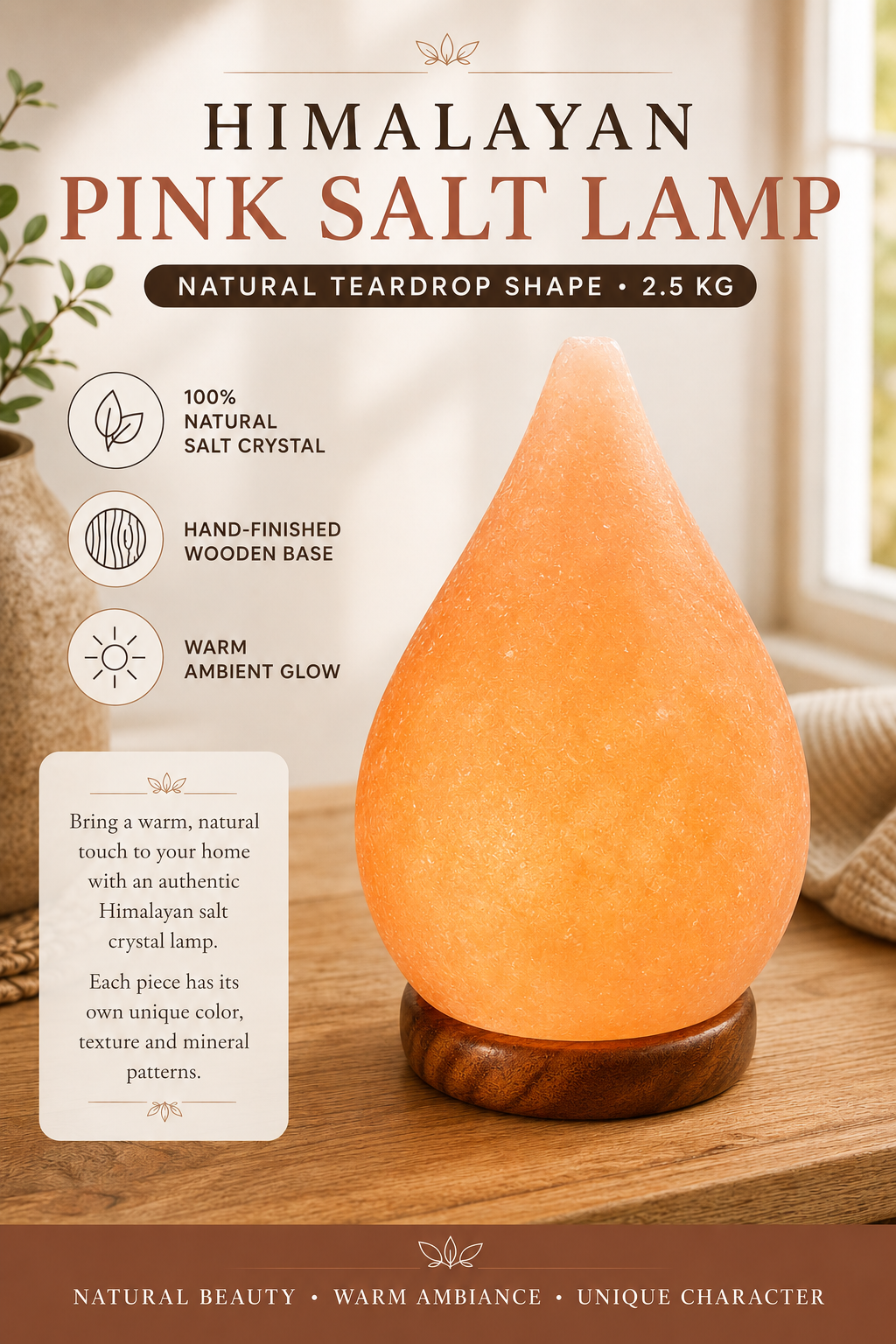 Himalayan Pink Salt Lamp - Natural Teardrop Shape on Wooden Base, 2.5kg
