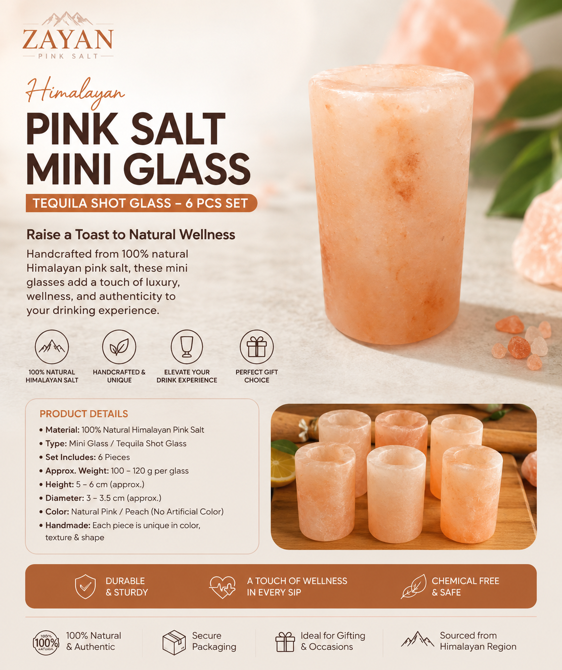 Himalayan Pink Salt Mini Glass (Tequila Shot Glass) - 6 PCs Set
