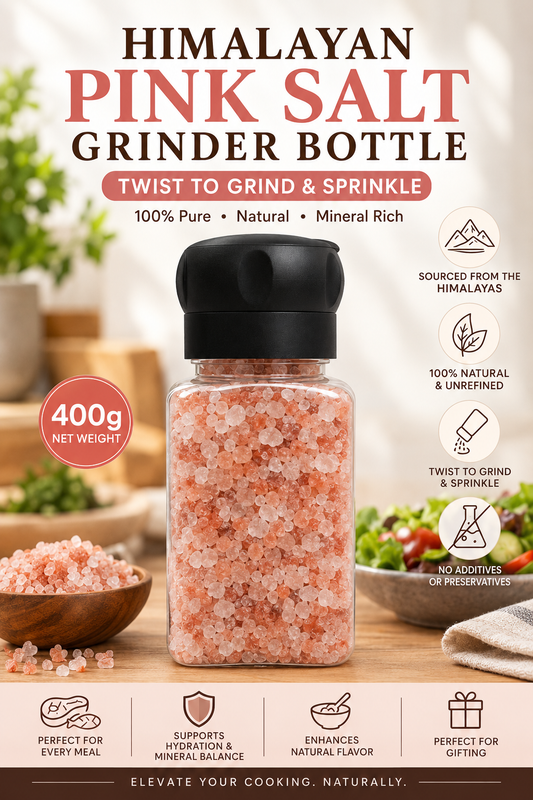 Himalayan Pink Salt Bottle with Grinder Cap - Twist to Grind & Sprinkle, 400g