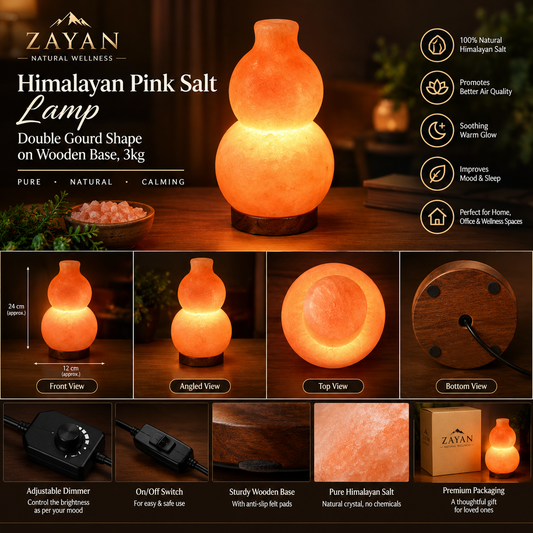 Himalayan Pink Salt Lamp - Double Gourd Shape on Wooden Base, 3kg