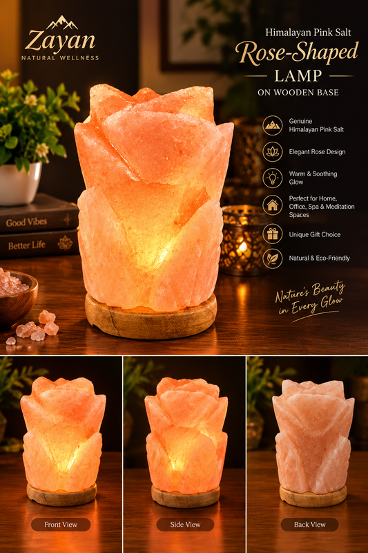 Himalayan Pink Salt Rose-Shaped Lamp on Wooden Base, 2.5kg