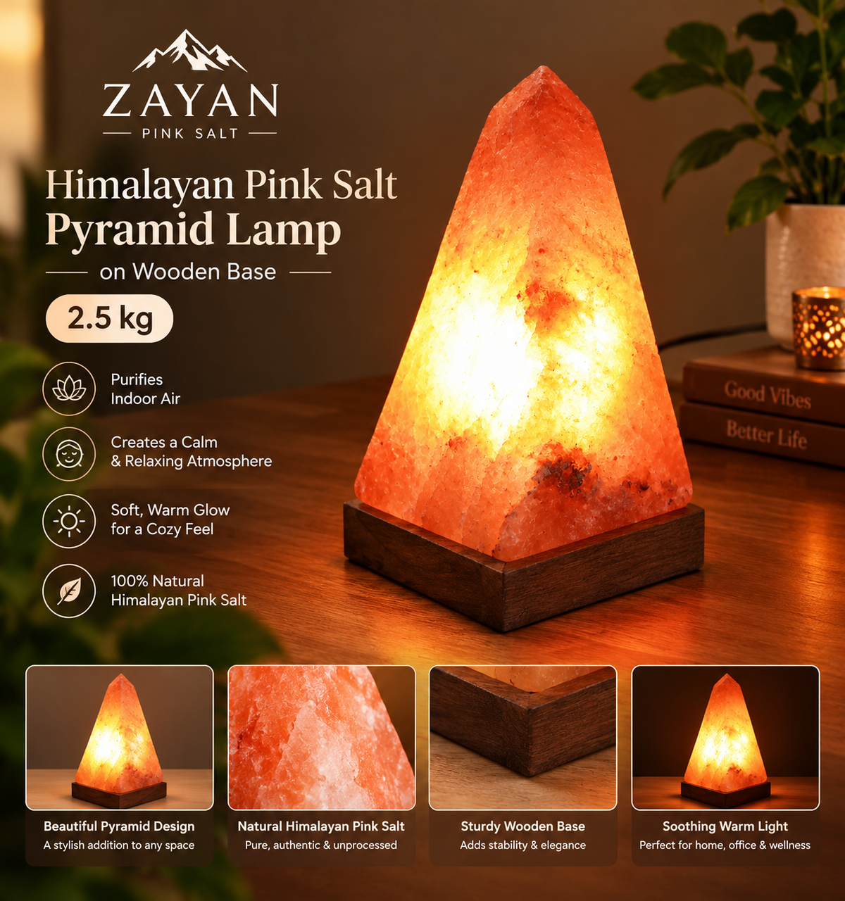 Himalayan Pink Salt Pyramid Lamp on Wooden Base, 2.5kg