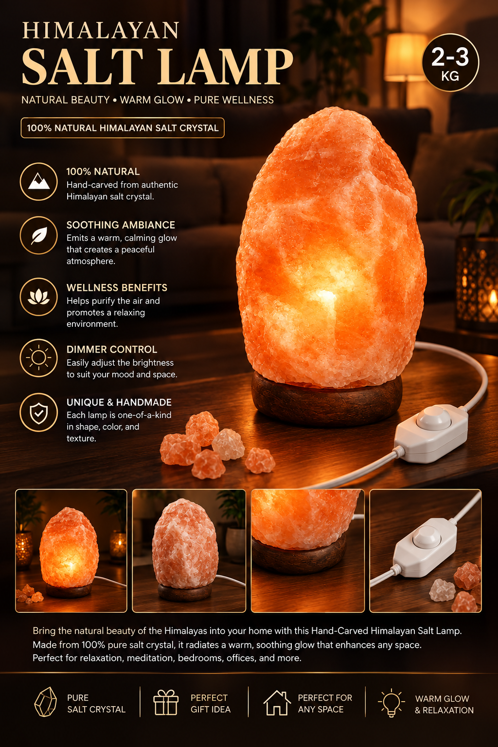 Himalayan Pink Salt Lamp with Wooden Base – Natural Crystal (2-3 kg)