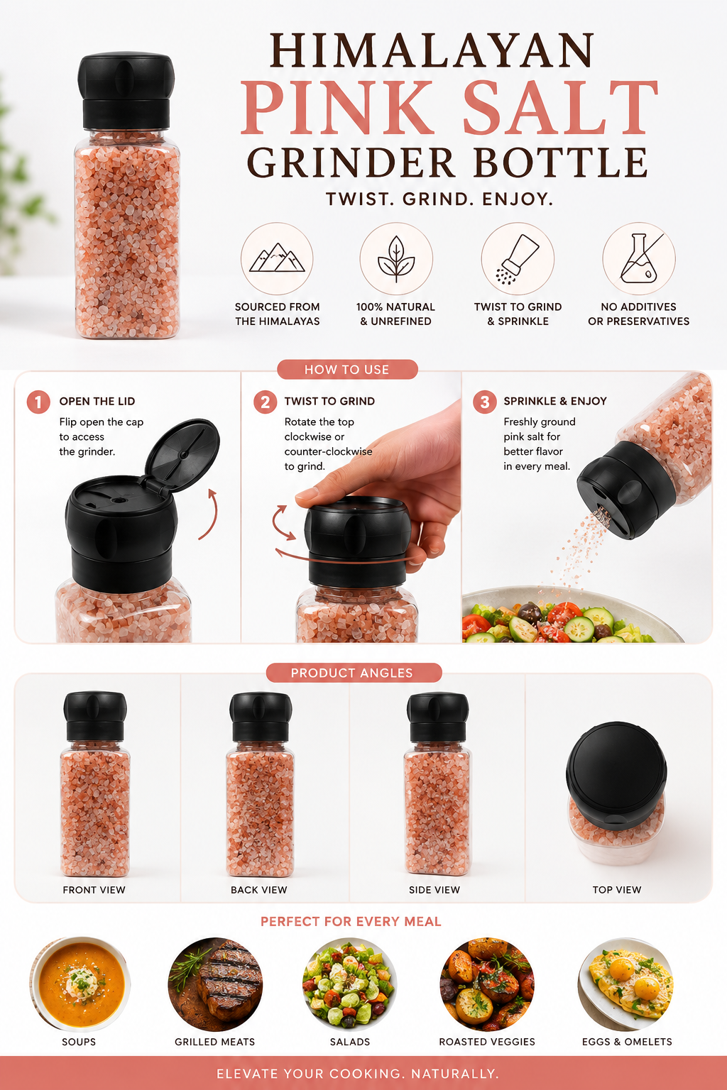 Himalayan Pink Salt Bottle with Grinder Cap - Twist to Grind & Sprinkle, 400g