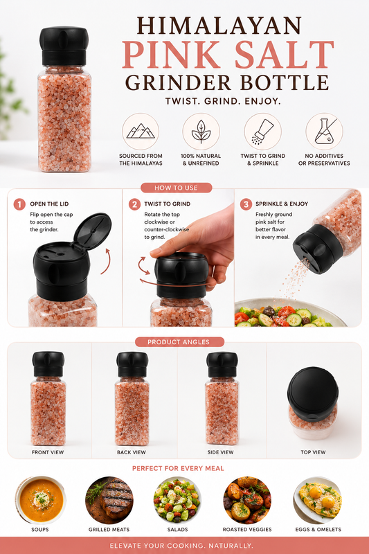 Himalayan Pink Salt Bottle with Grinder Cap - Twist to Grind & Sprinkle, 400g