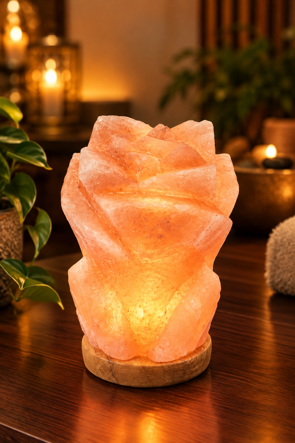 Himalayan Pink Salt Rose-Shaped Lamp on Wooden Base, 2.5kg