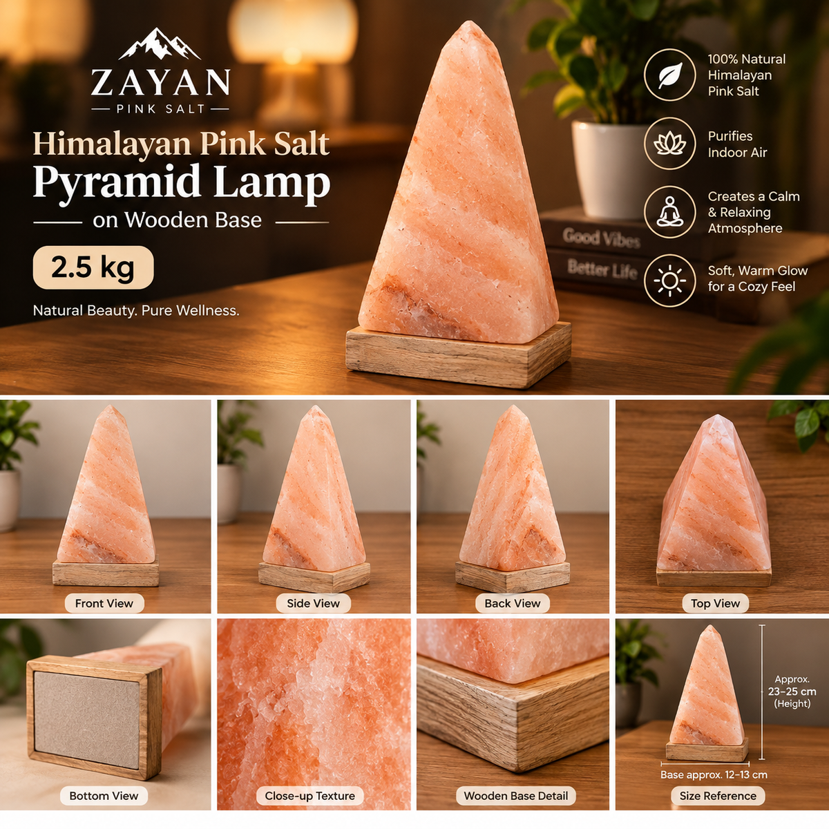 Himalayan Pink Salt Pyramid Lamp on Wooden Base, 2.5kg
